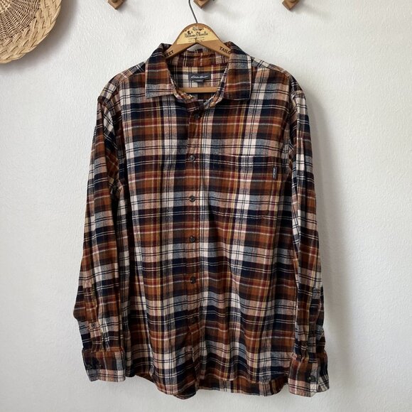 Eddie Bauer Other - Vintage Eddie Bauer‎ orange navy plaid flannel mens button chore shirt L grunge